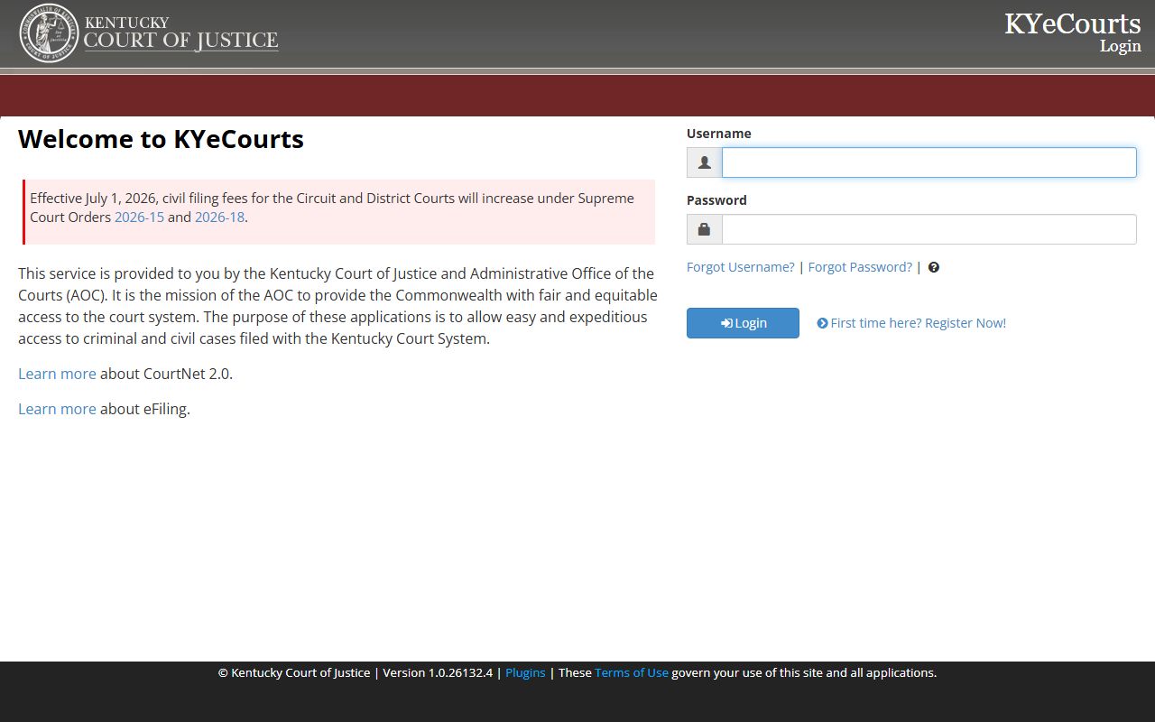Floyd County court dockets Kentucky eCourts CourtNet landing page