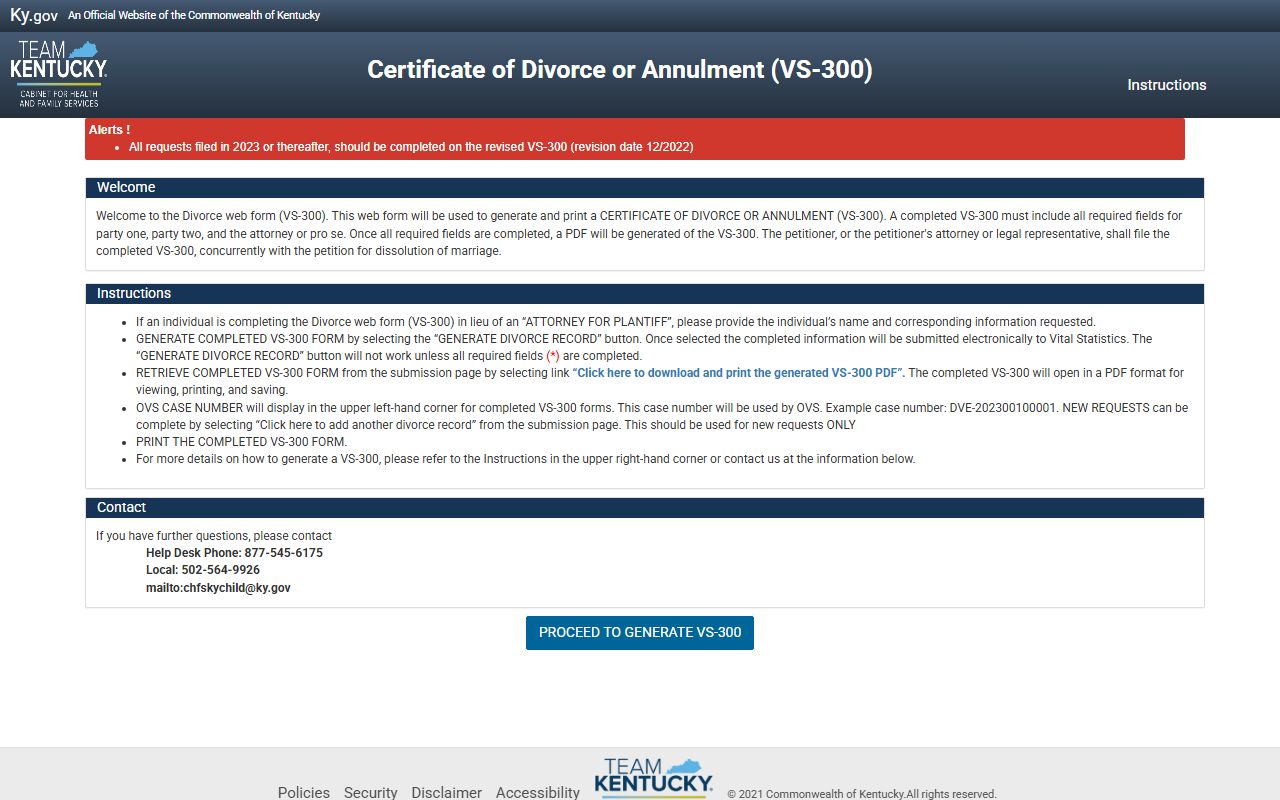 Floyd County divorce records VS-300 Kentucky form